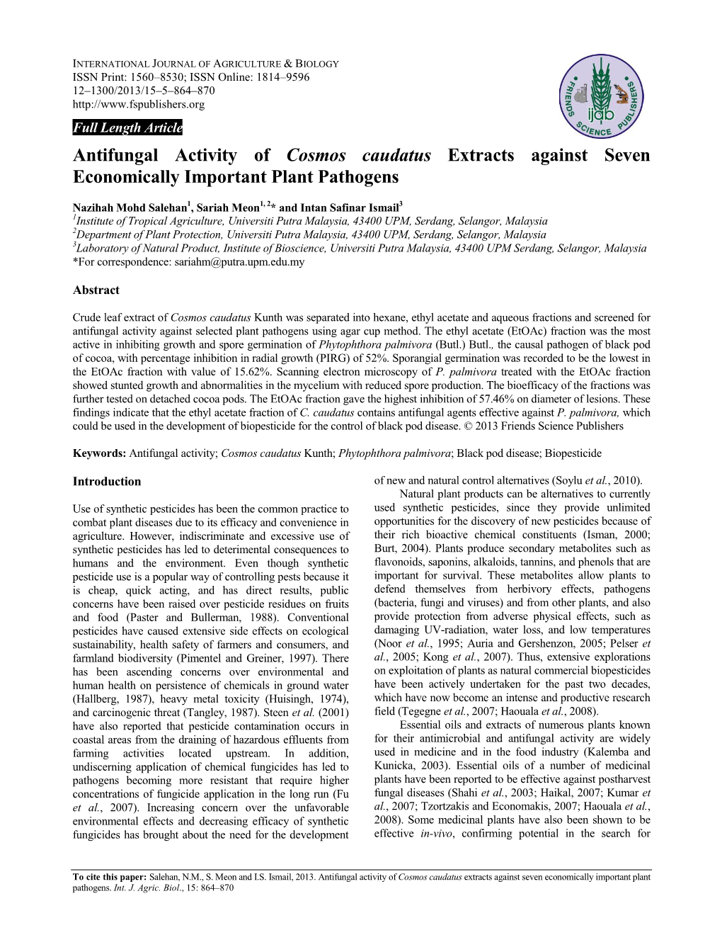 Antifungal Activity of Cosmos Caudatus Extracts Against Seven Economically Important Plant Pathogens