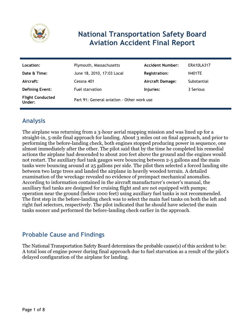 National Transportation Safety Board Aviation Accident Final Report