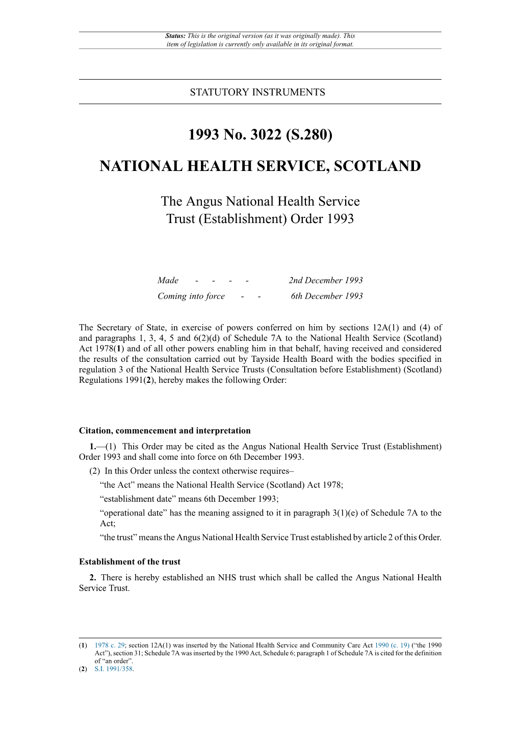 The Angus National Health Service Trust (Establishment) Order 1993