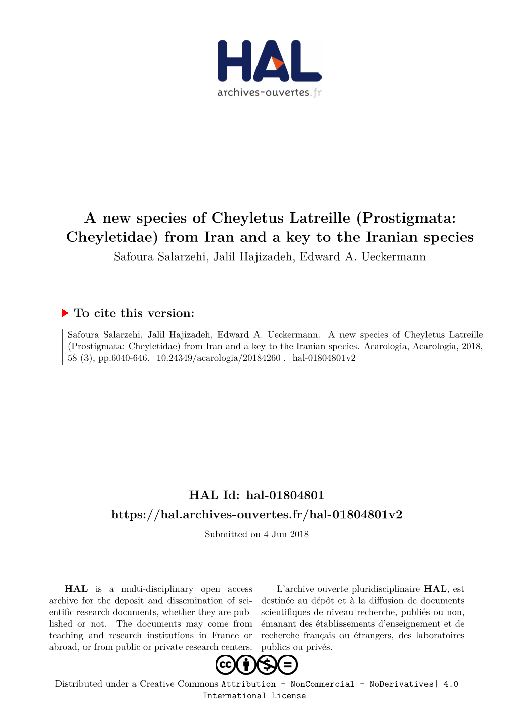 Prostigmata: Cheyletidae) from Iran and a Key to the Iranian Species Safoura Salarzehi, Jalil Hajizadeh, Edward A