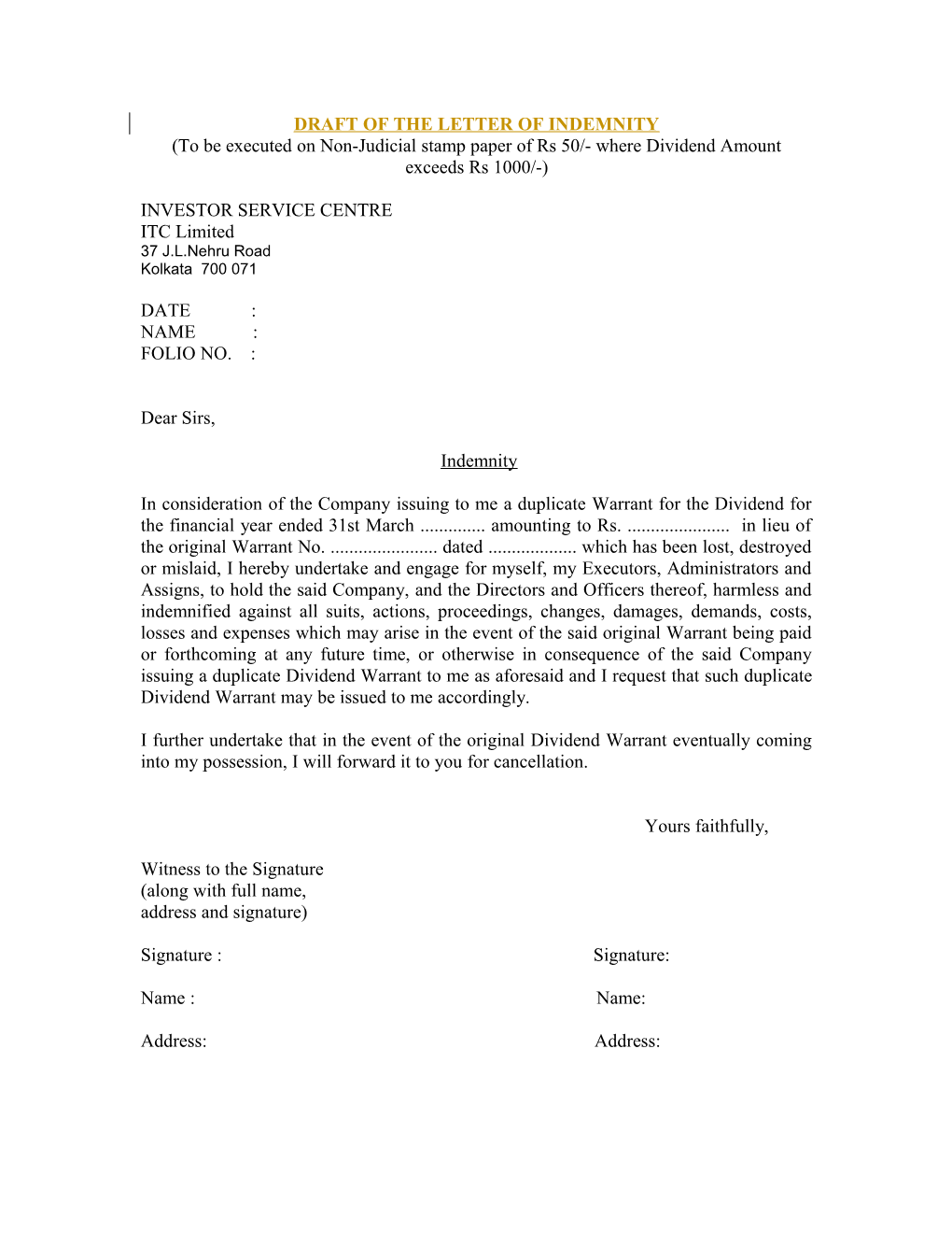 Draft of the Letter of Indemnity