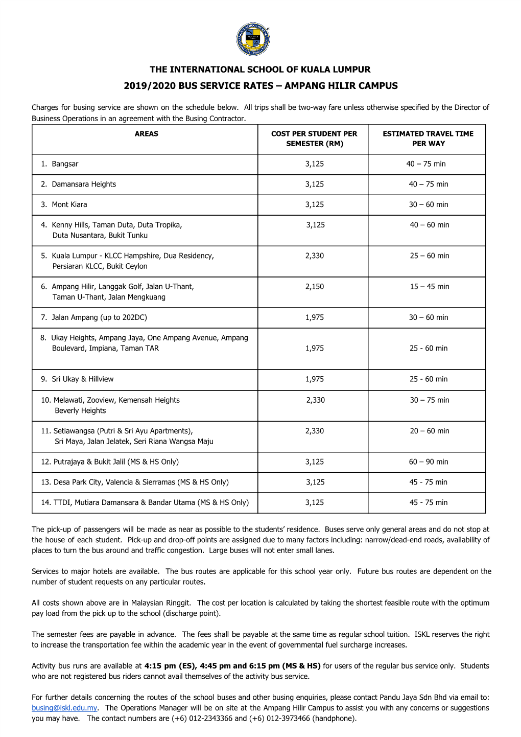 The International School of Kuala Lumpur 2019/2020 Bus Service Rates – Ampang Hilir Campus