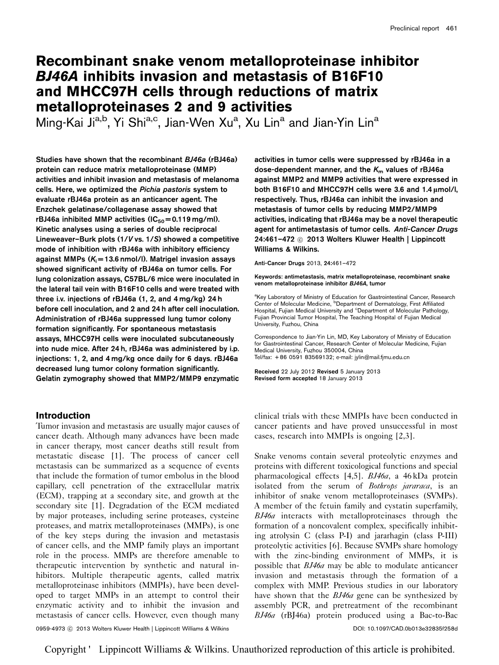 Recombinant Snake Venom Metalloproteinase Inhibitor BJ46A