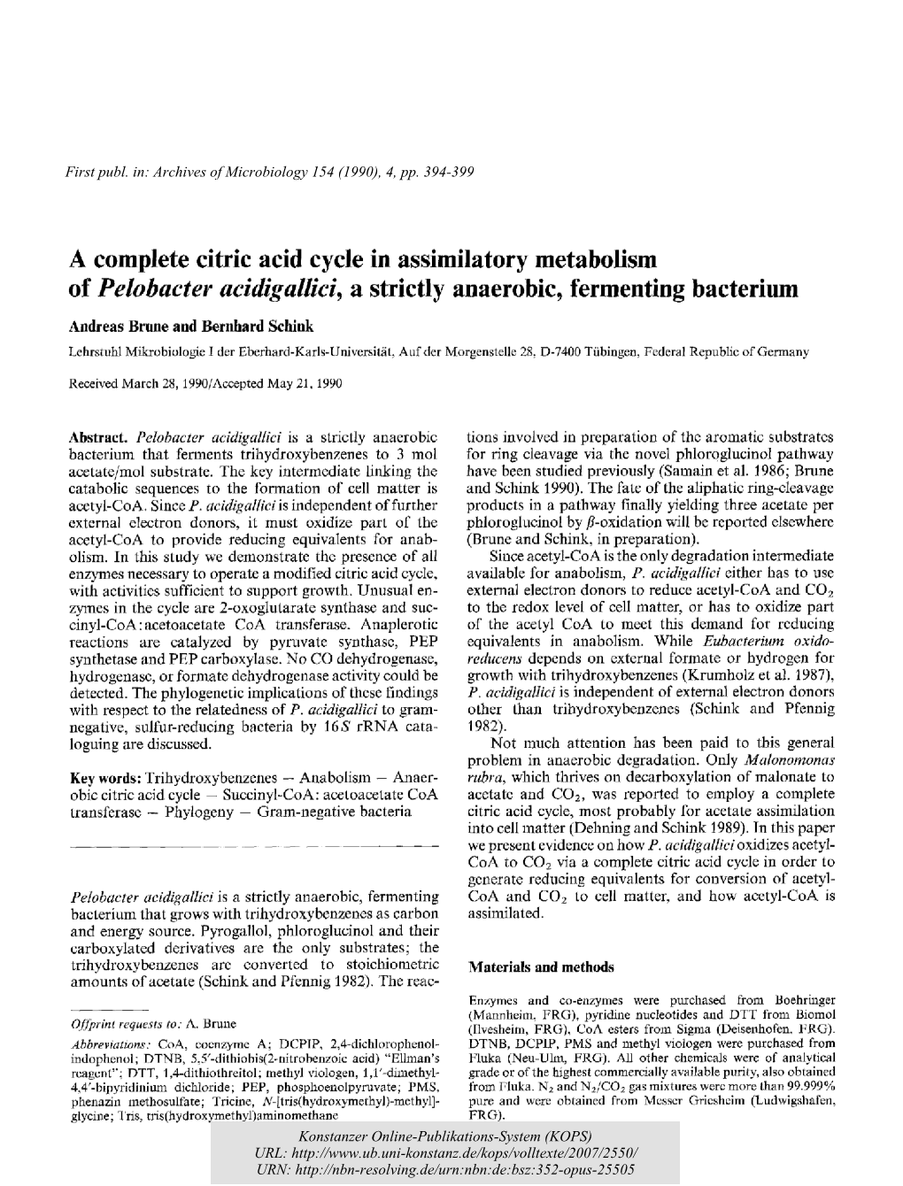 A Complete Citric Acid Cycle in Assimilatory Metabolism of Pelobacter Acidigallici, a Strictly Anaerobic, Fermenting Bacterium