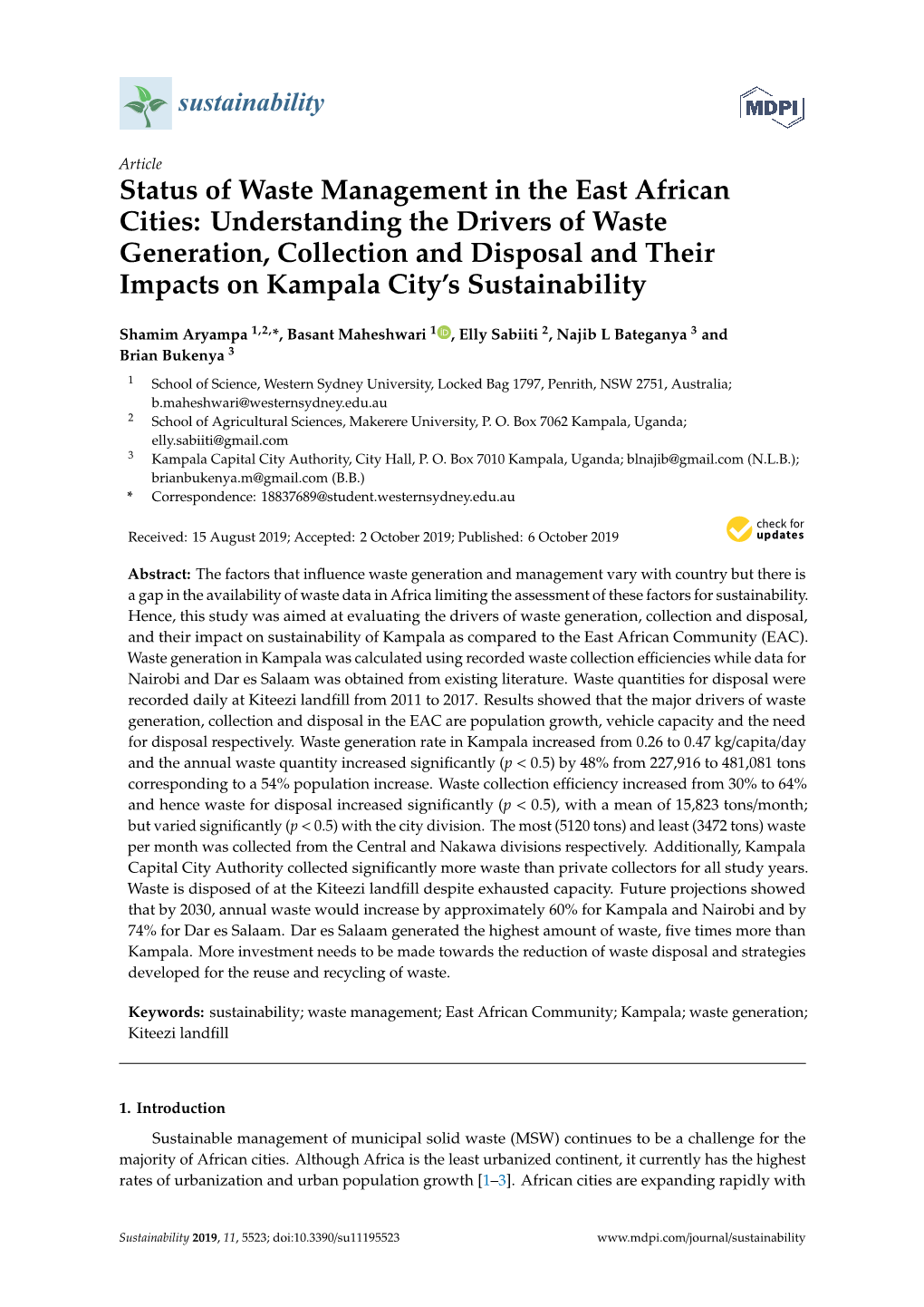 Status of Waste Management in the East African Cities