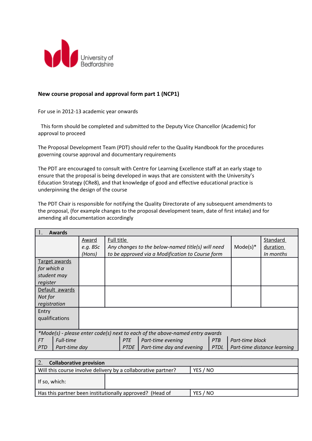 New Course Proposal and Approval Form Part 1 (NCP1)