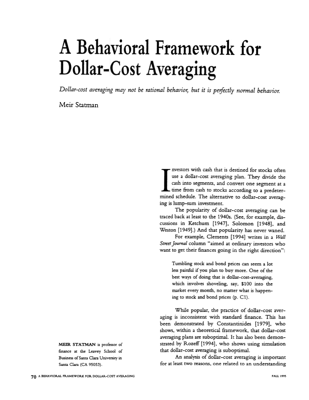 A Behavioral Framework for Dollar Cost Averaging