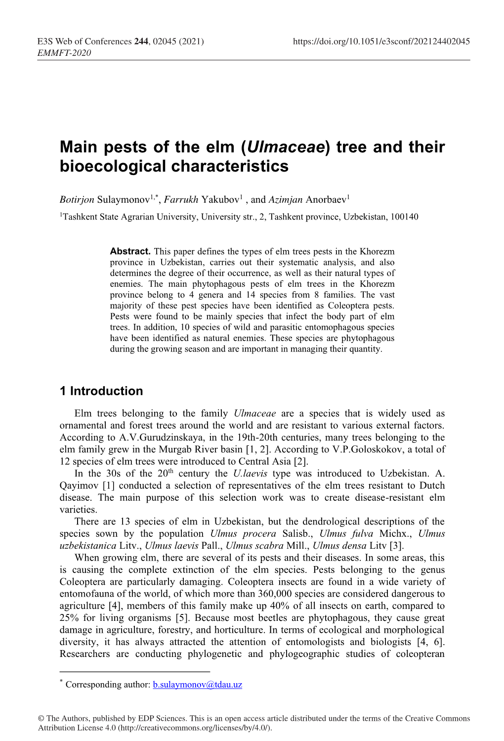 Pests of the Elm (Ulmaceae) Tree and Their Bioecological Characteristics
