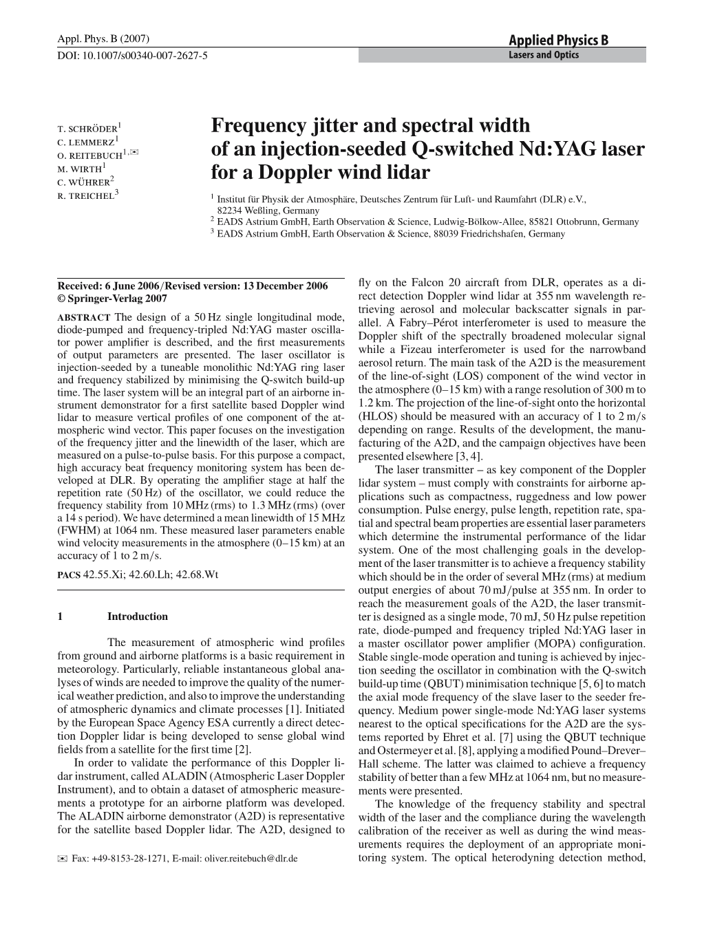Frequency Jitter and Spectral Width of an Injection-Seeded Q-Switched Nd:YAG Laser for a Doppler Wind Lidar a Frequency Stabilisation Scheme