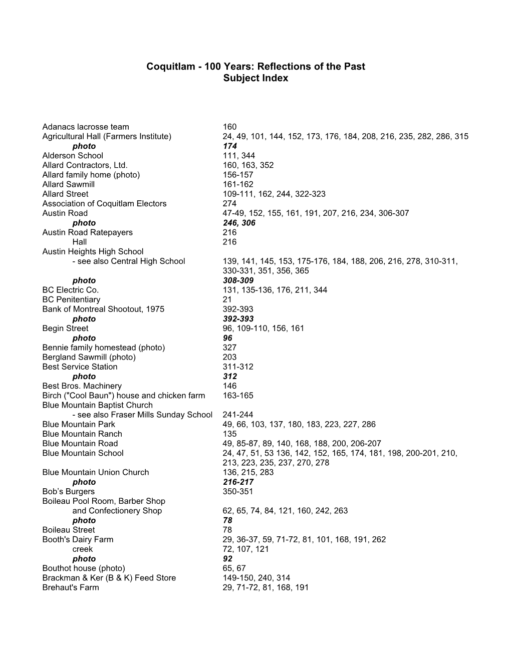 100 Years: Reflections of the Past Subject Index