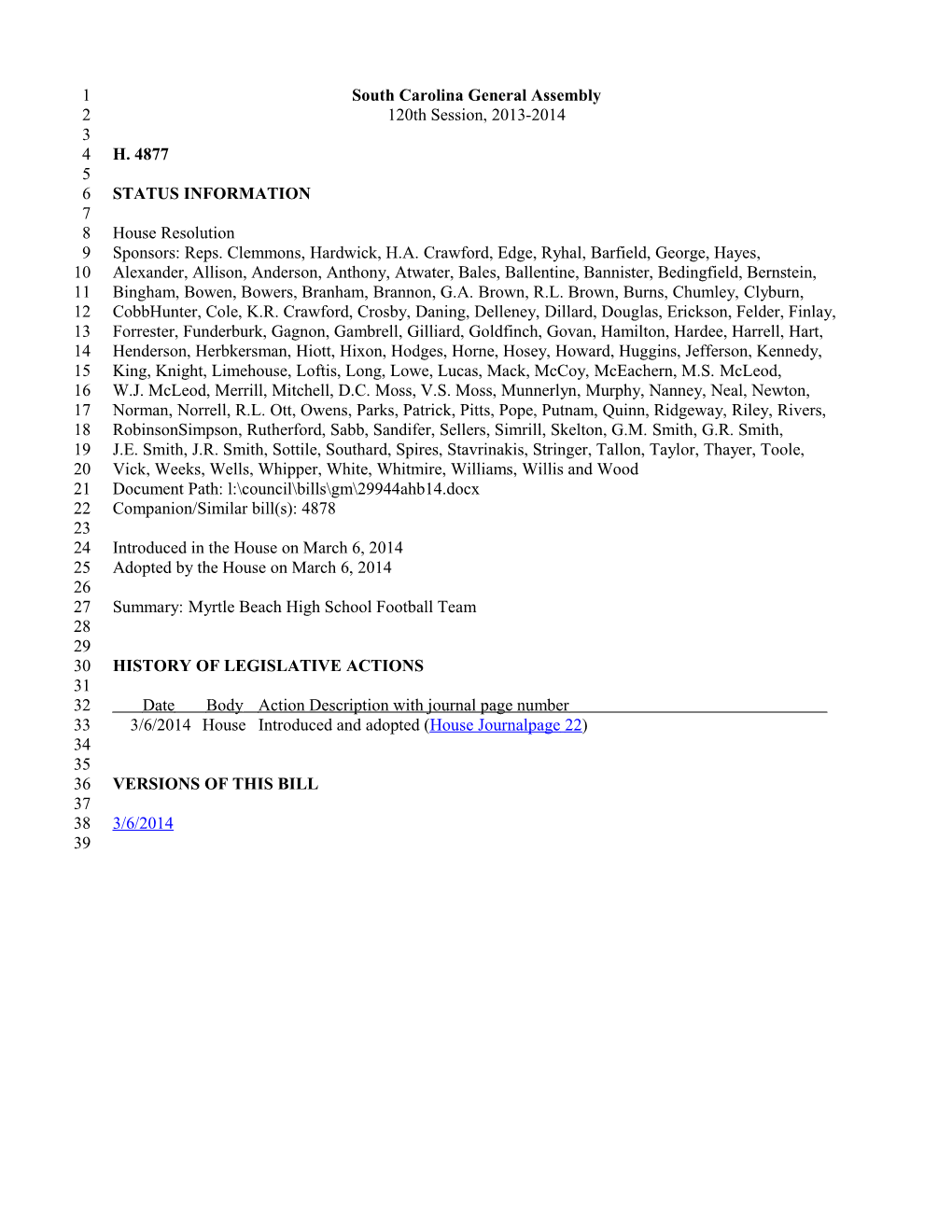 2013-2014 Bill 4877: Myrtle Beach High School Football Team - South Carolina Legislature Online