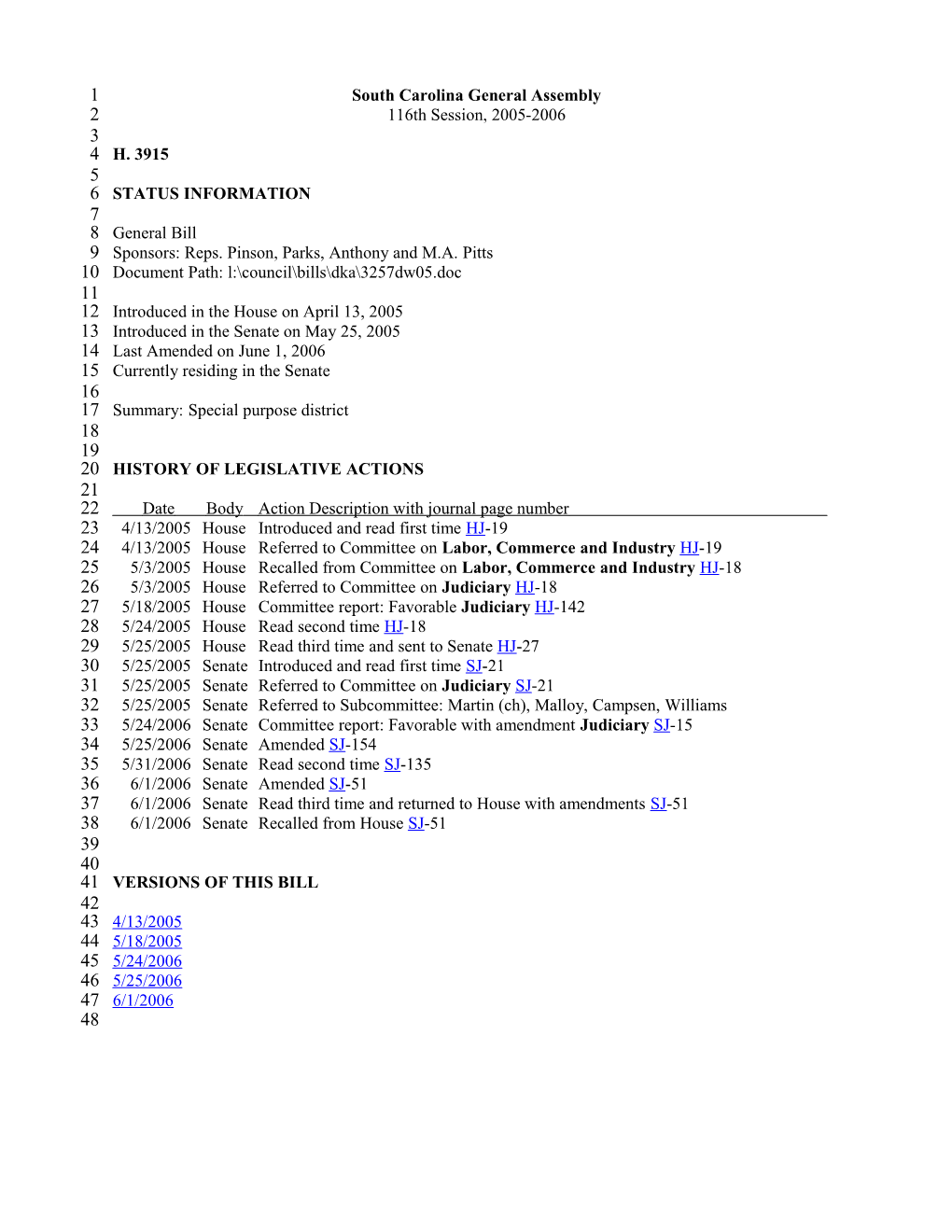 2005-2006 Bill 3915: Special Purpose District - South Carolina Legislature Online