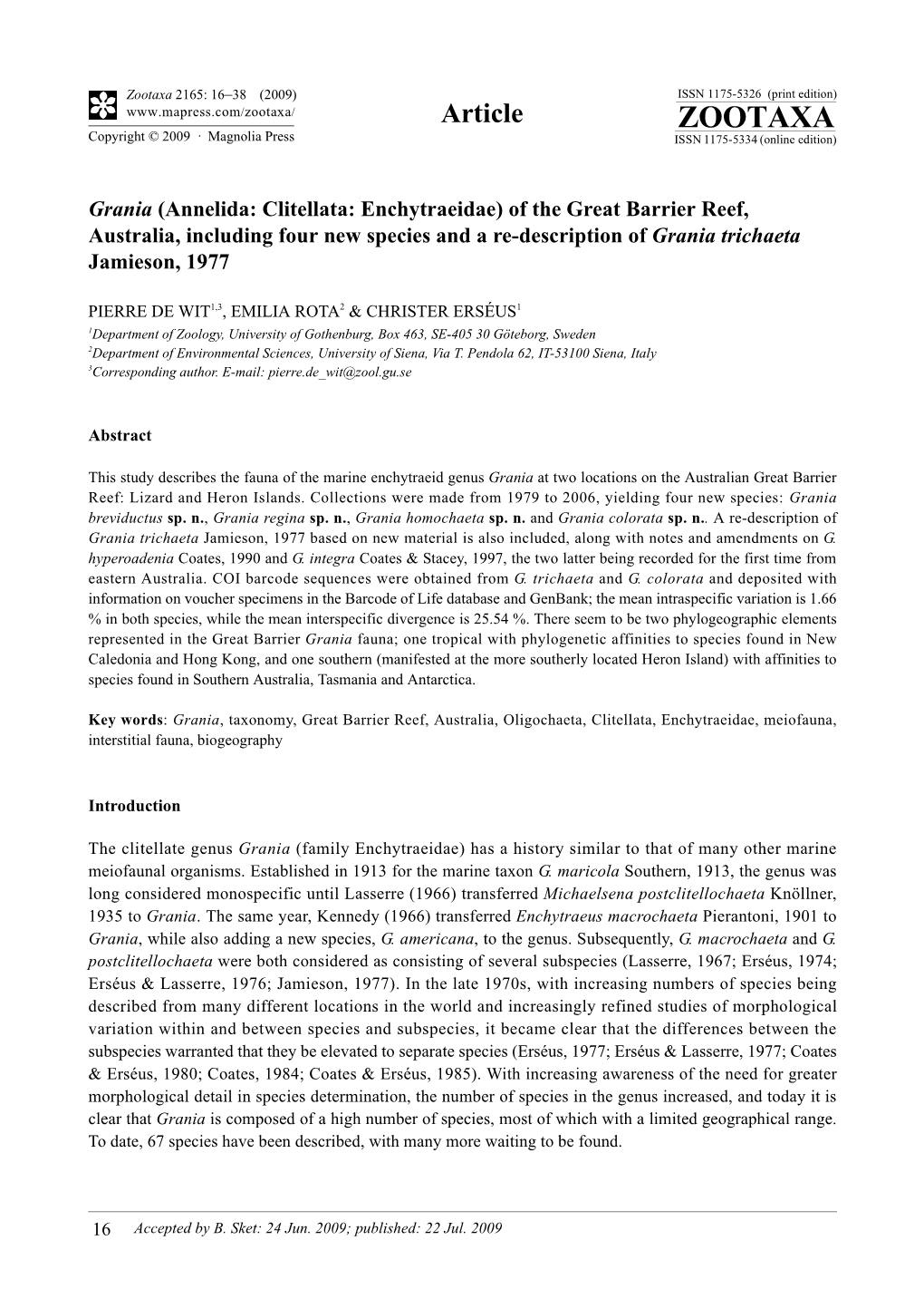 Grania (Annelida: Clitellata: Enchytraeidae) of the Great Barrier Reef, Australia, Including Four New Species and a Re-Description of Grania Trichaeta Jamieson, 1977