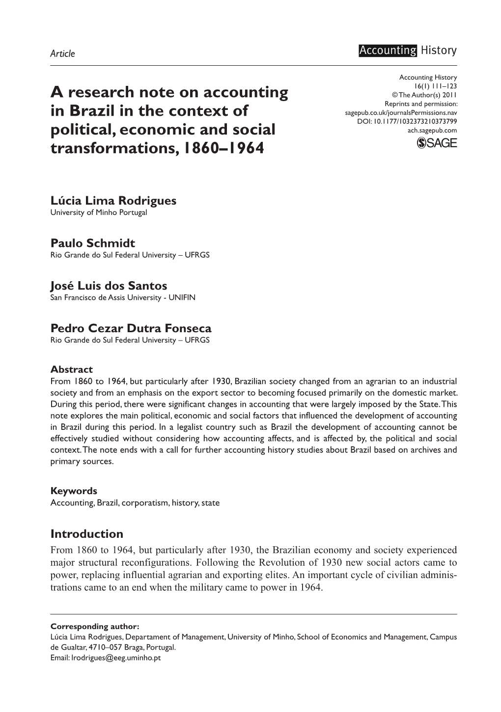 A Research Note on Accounting in Brazil in the Context of Political
