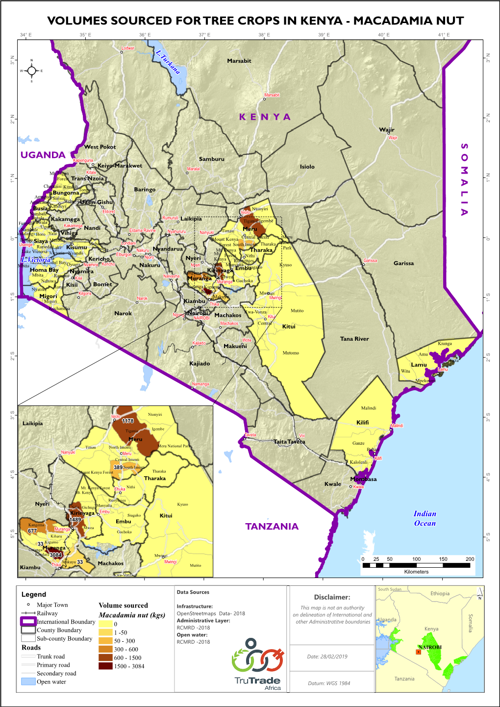 Volumes Sourced for Tree Crops in Kenya - Macadamia Nut 34° E 35° E 36° E 37° E 38° E 39° E 40° E 41° E