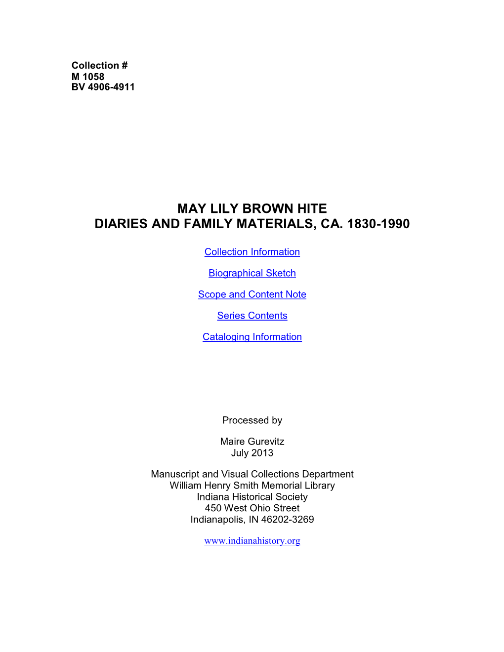 May Lily Brown Hite Diaries and Family Materials, Ca