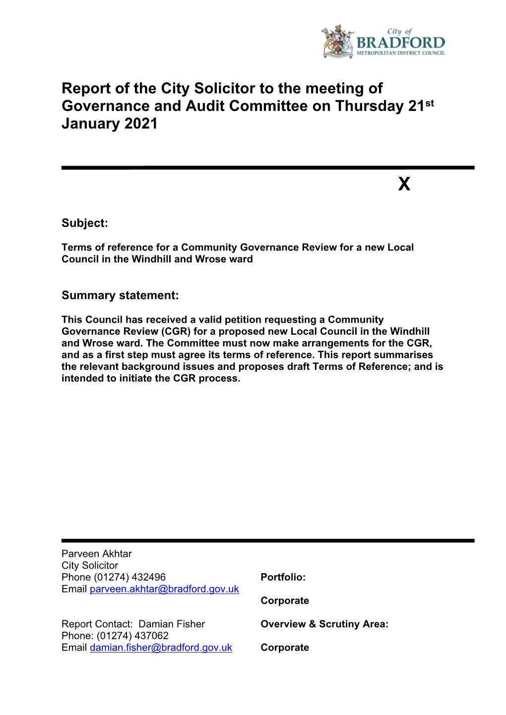 Report of the City Solicitor to the Meeting of Governance and Audit Committee on Thursday 21St January 2021