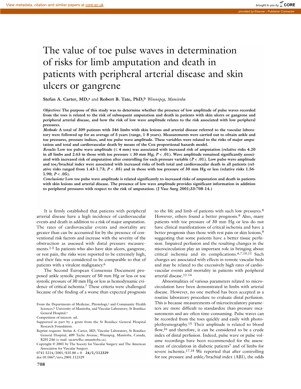 The Value of Toe Pulse Waves in Determination of Risks for Limb Amputation and Death in Patients with Peripheral Arterial Disease and Skin Ulcers Or Gangrene