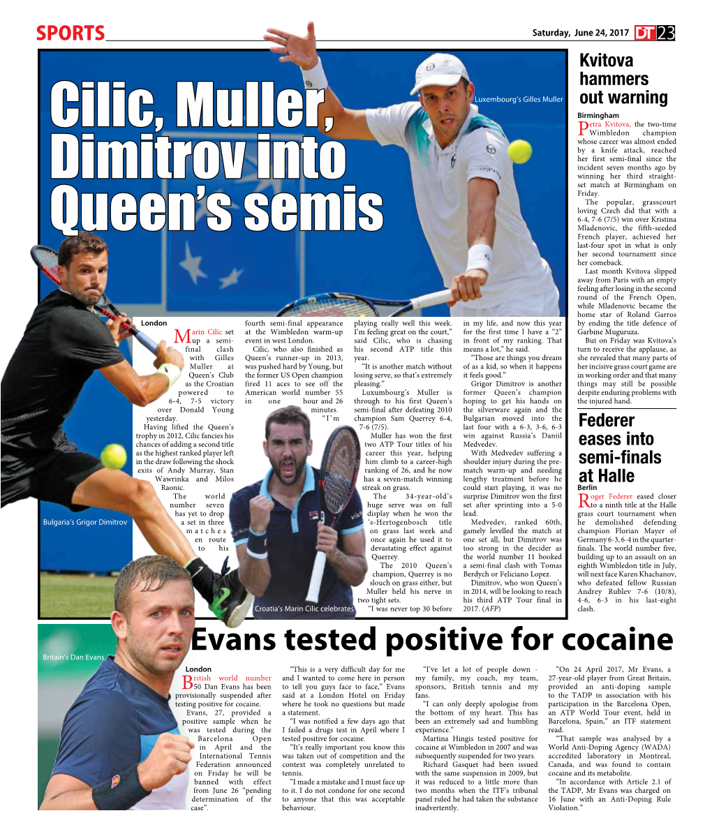 Cilic, Muller, Dimitrov Into Queen's Semis