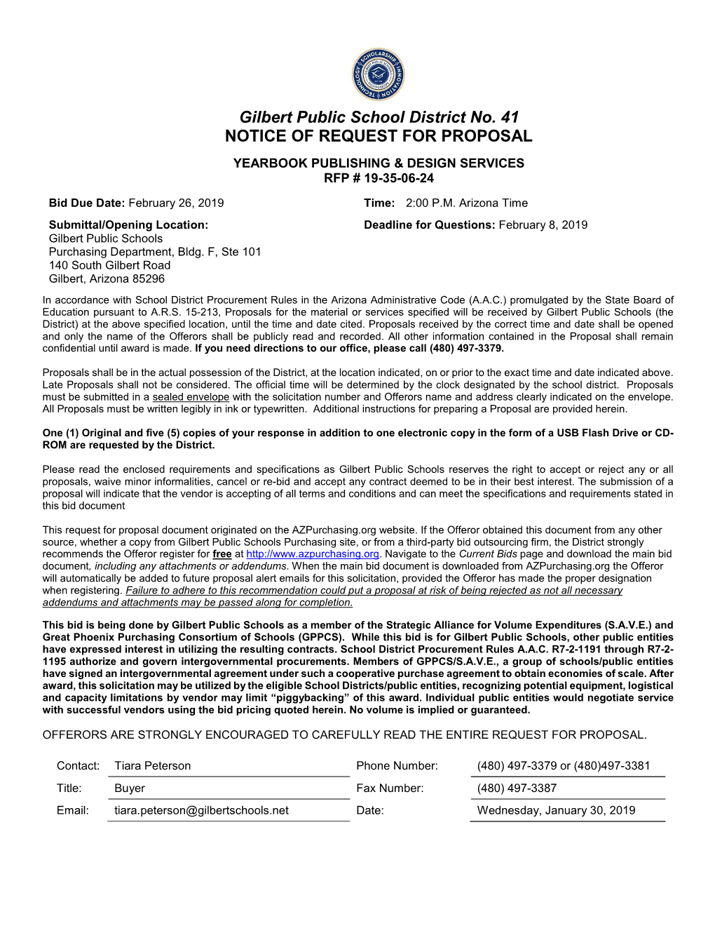 Gilbert Public School District No. 41 NOTICE of REQUEST for PROPOSAL