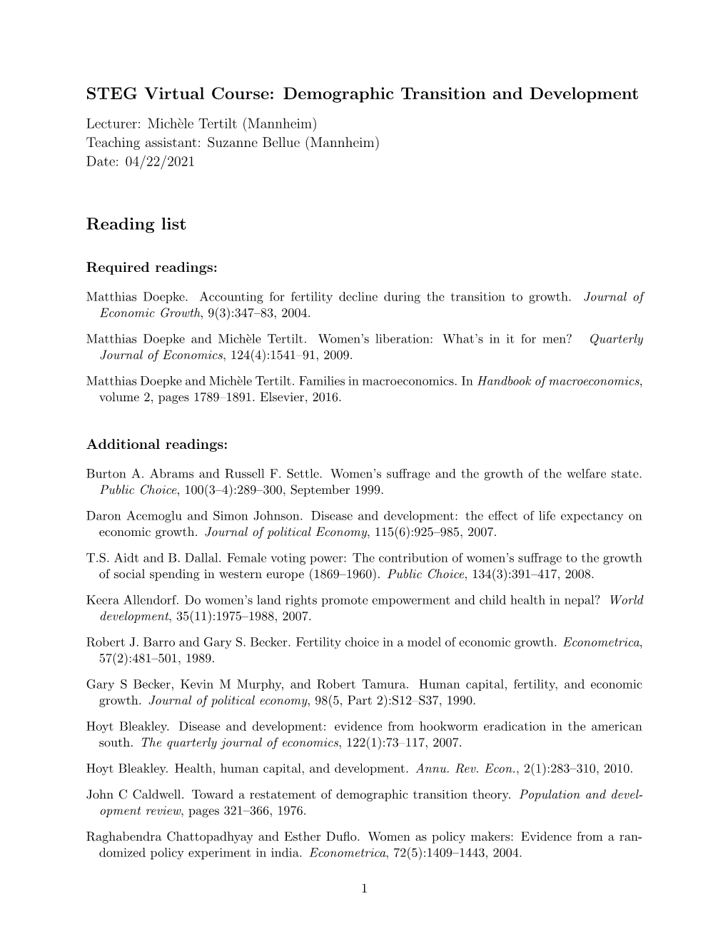 Demographic Transition and Development Reading List