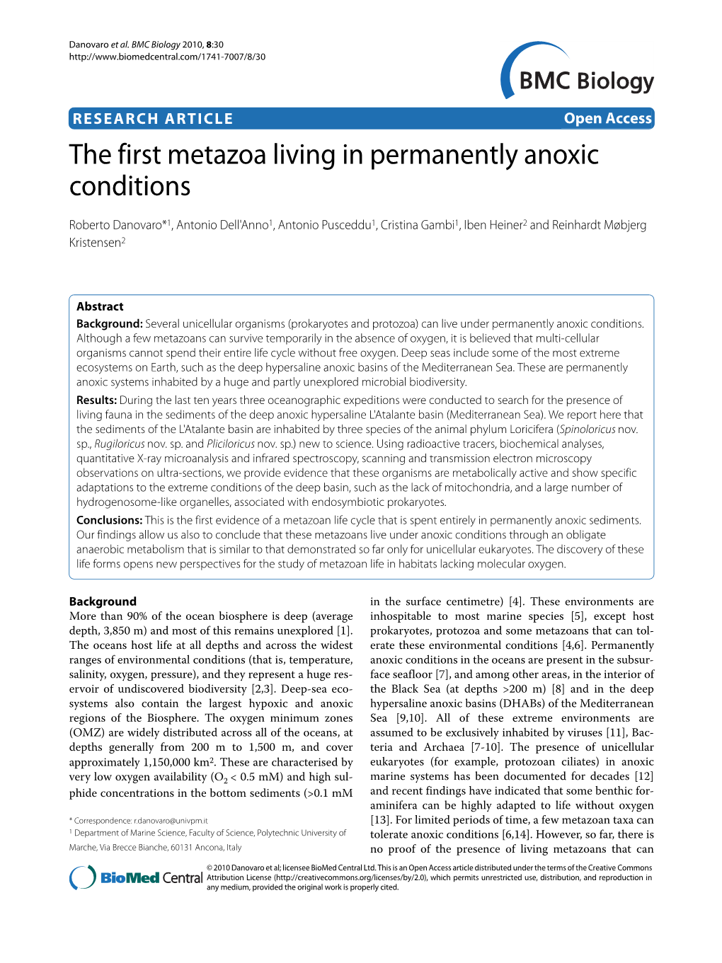 The First Metazoa Living in Permanently Anoxic Conditions BMC Biology 2010, 8:30