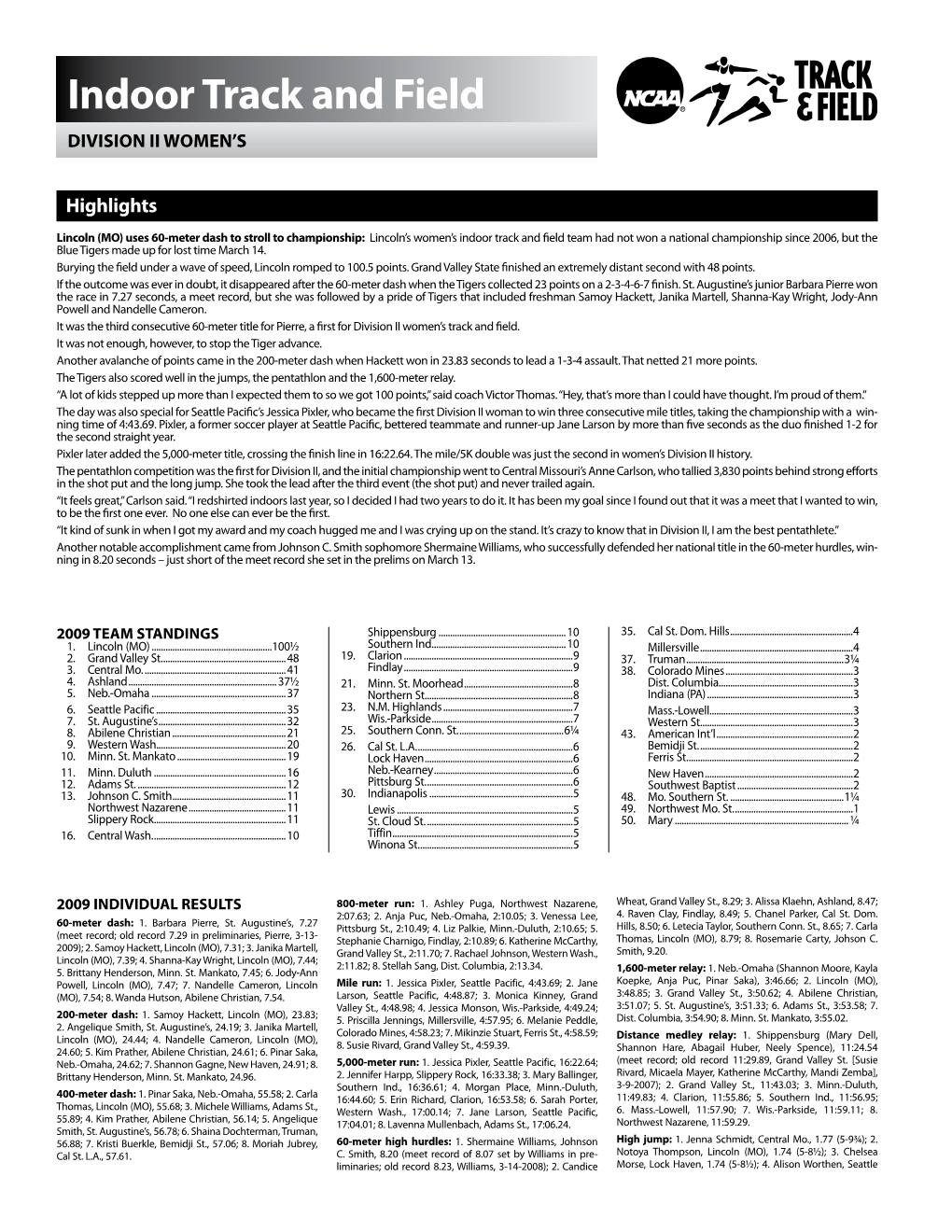 Indoor Track and Field DIVISION II Women’S