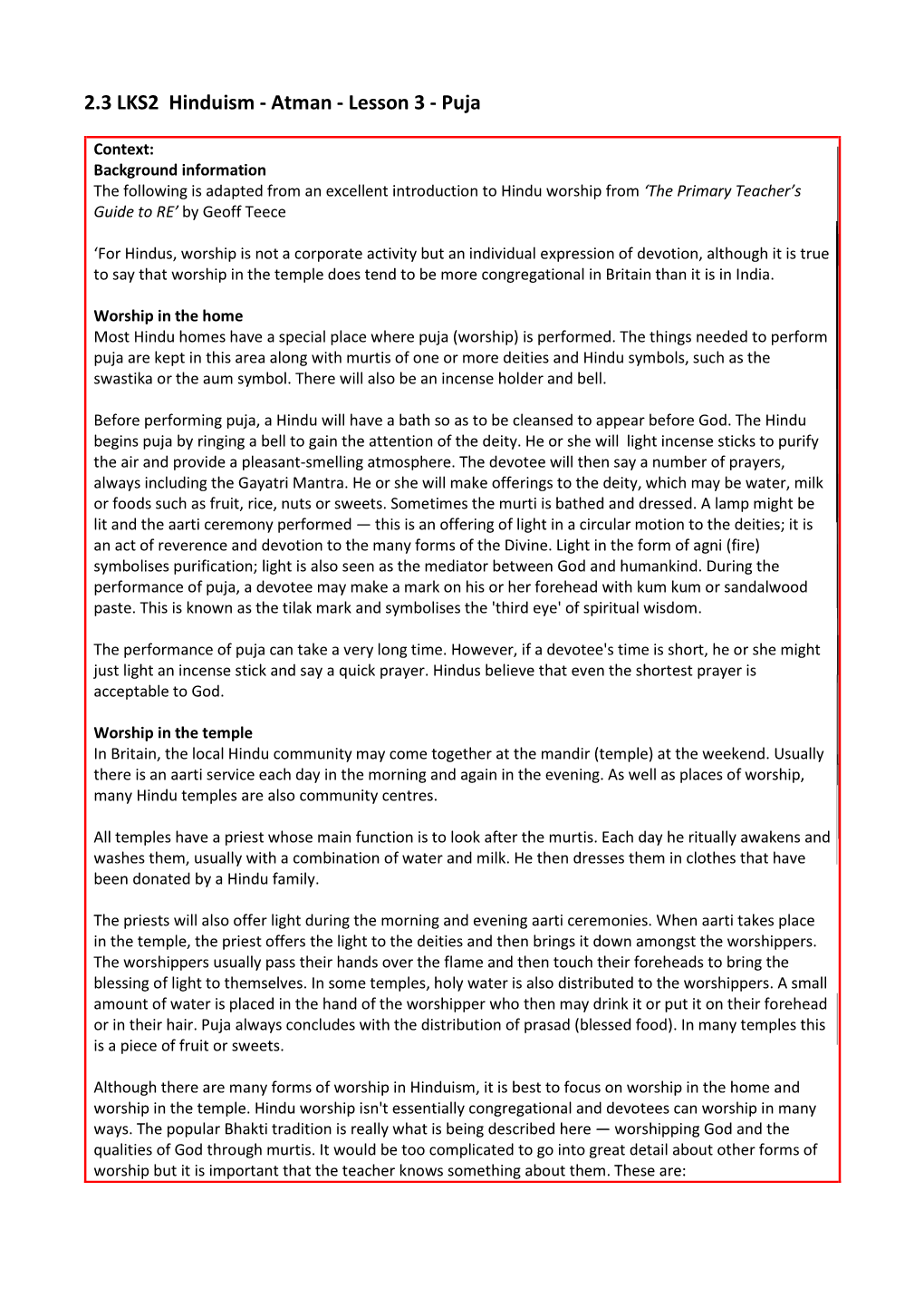 2.3 LKS2 Hinduism - Atman - Lesson 3 - Puja