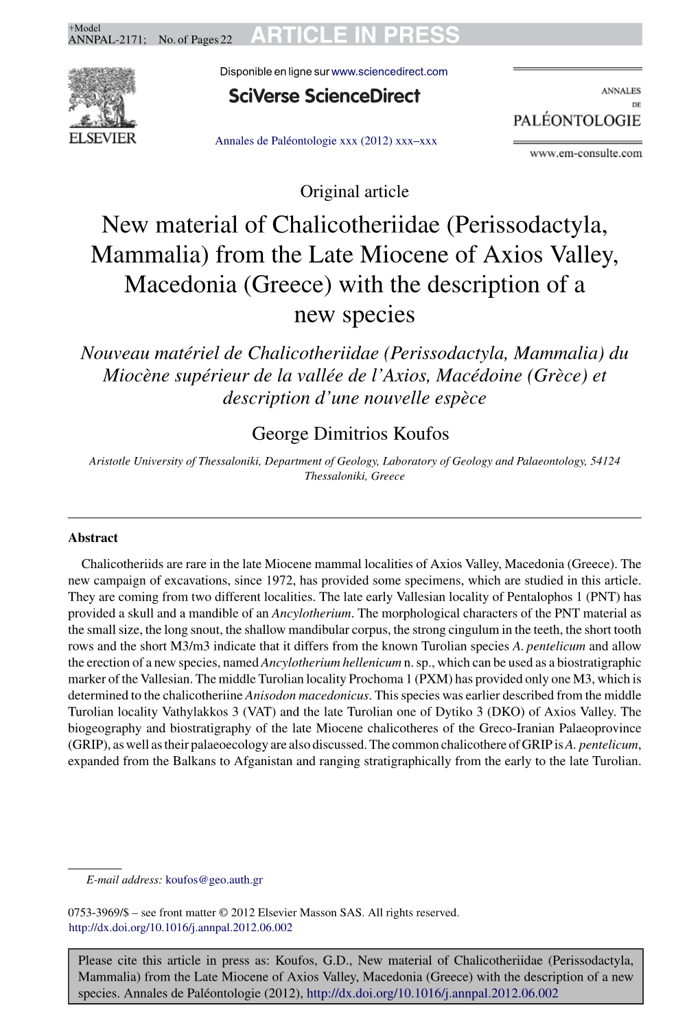 (Perissodactyla, Mammalia) from the Late Miocene of Axios Valley