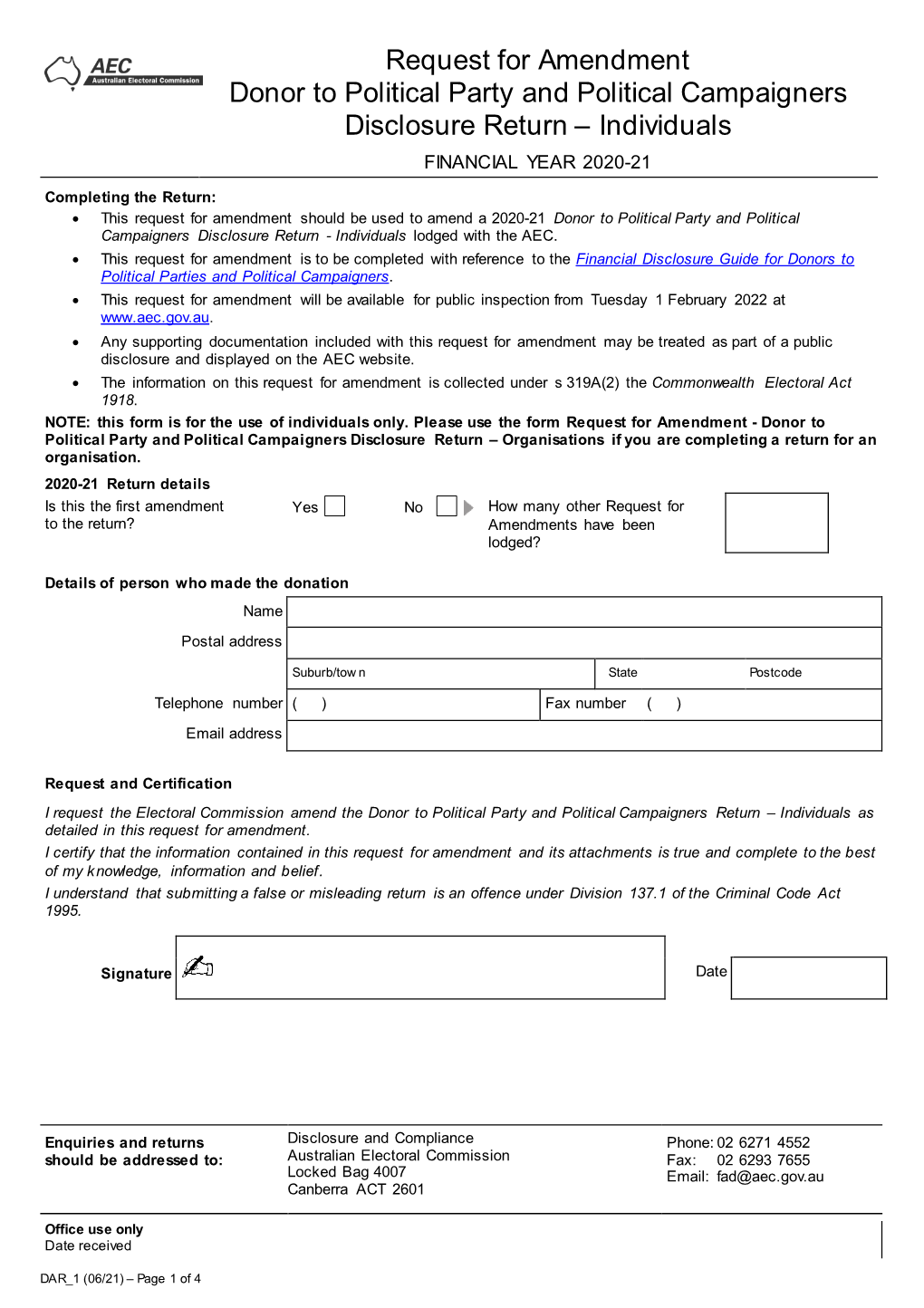 Donor to Political Party and Political Campaigner Amendment Form