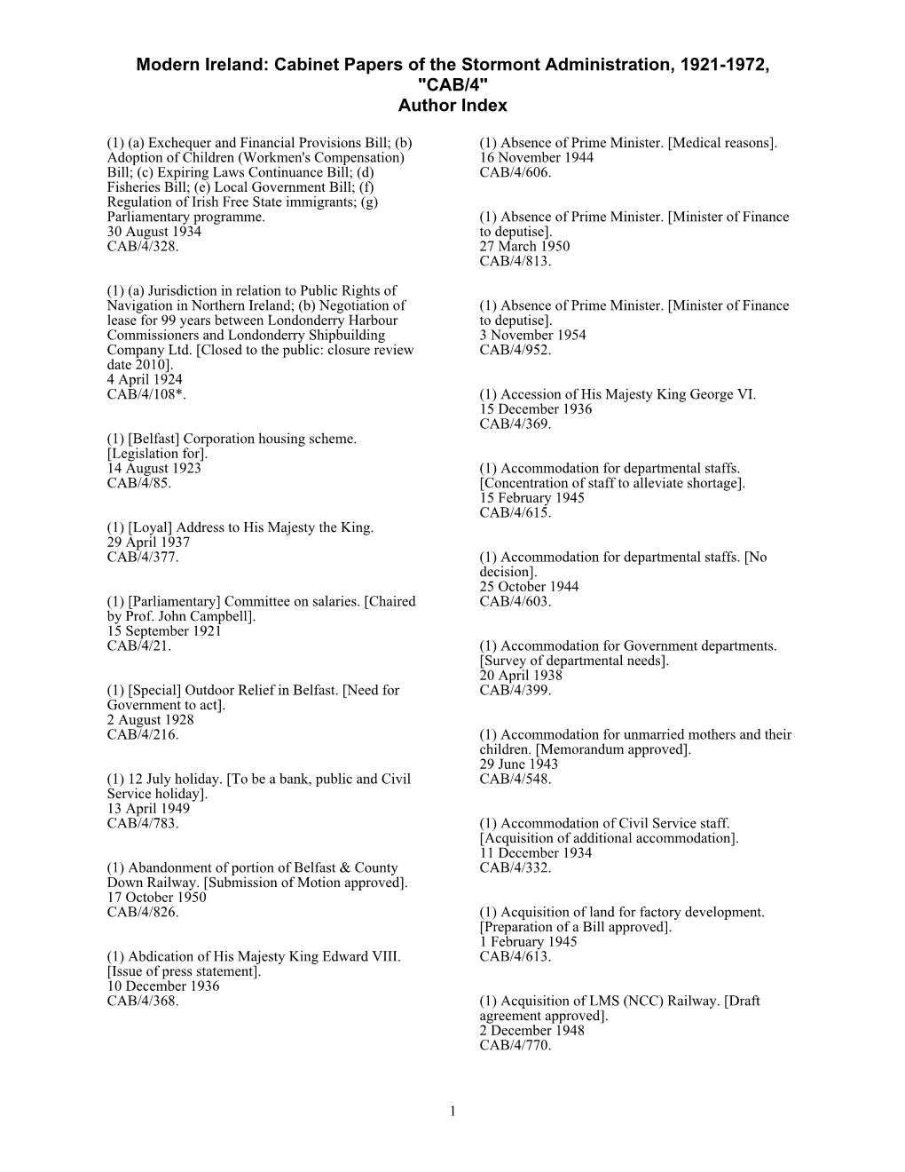 Modern Ireland: Cabinet Papers of the Stormont Administration, 1921-1972, "CAB/4" Author Index