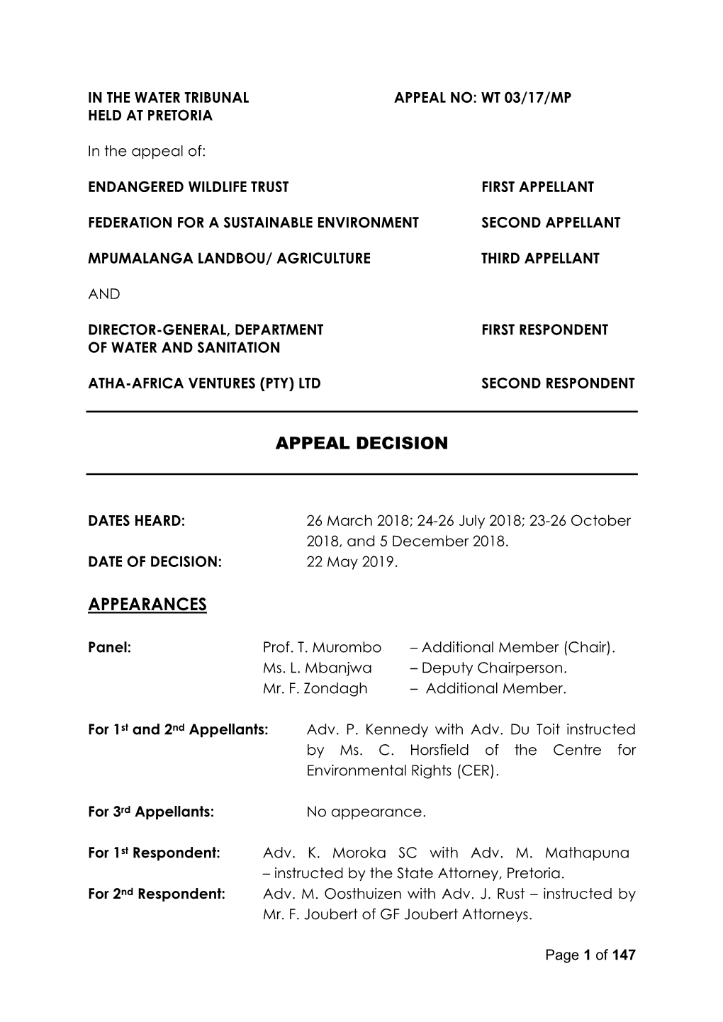 Appeal Decision Appearances