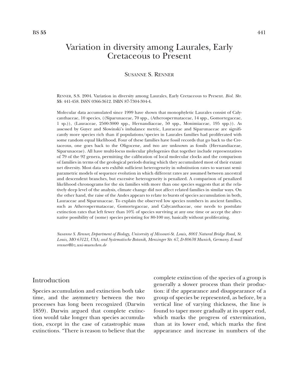 Variation in Diversity Among Laurales, Early Cretaceous to Present