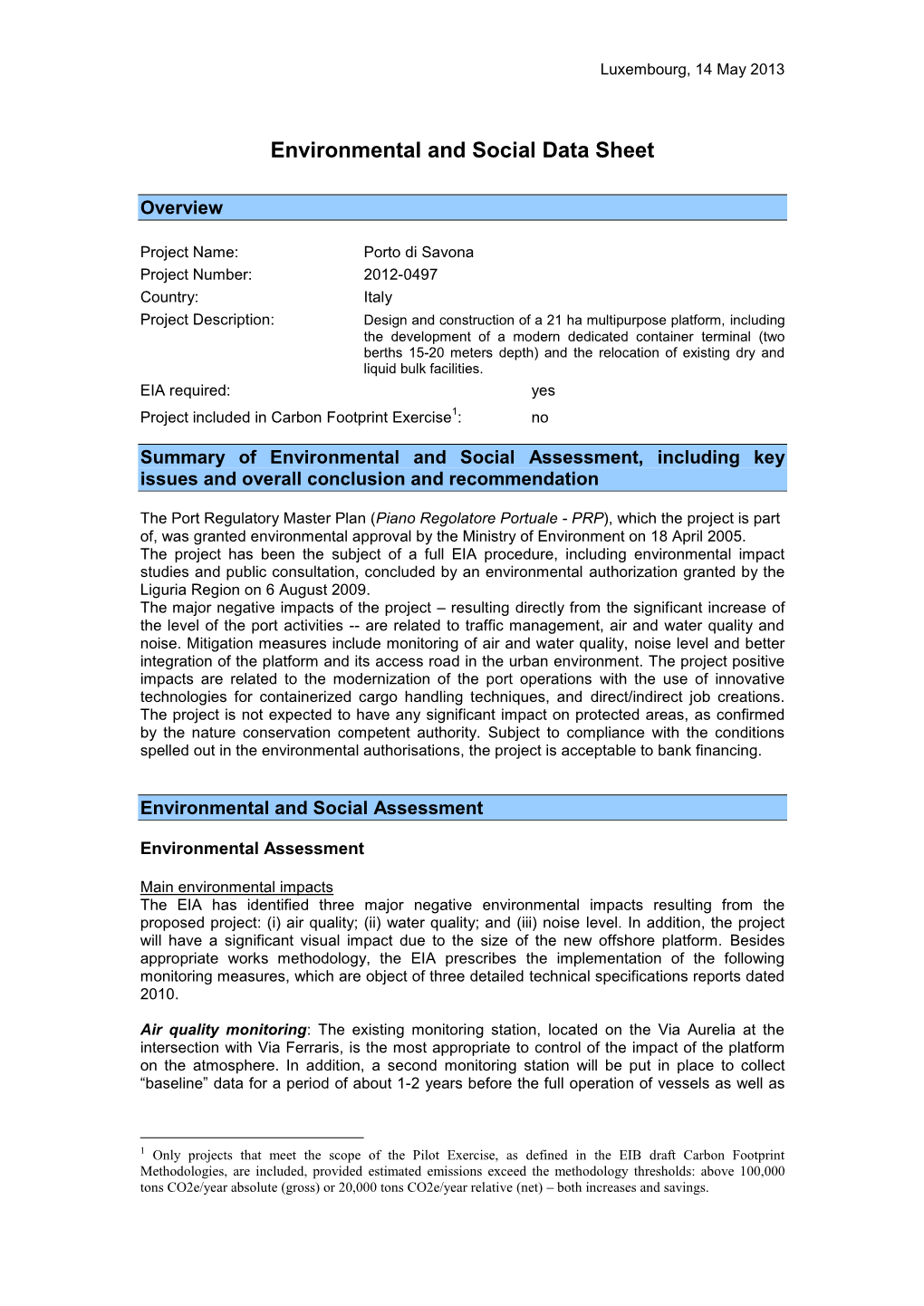 Environmental and Social Data Sheet