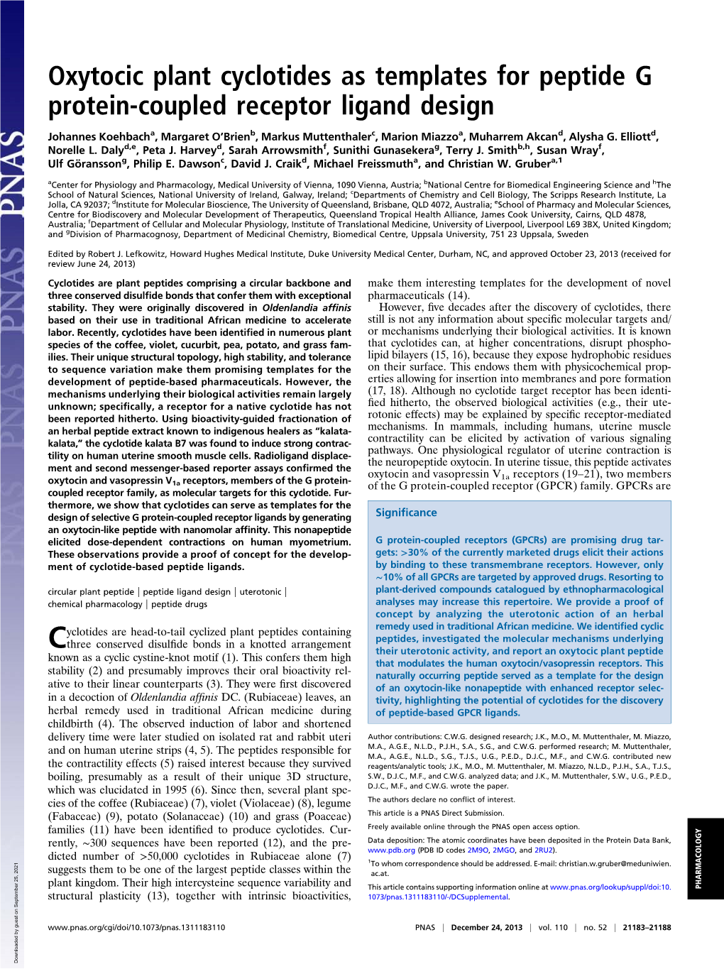 Oxytocic Plant Cyclotides As Templates for Peptide G Protein-Coupled Receptor Ligand Design