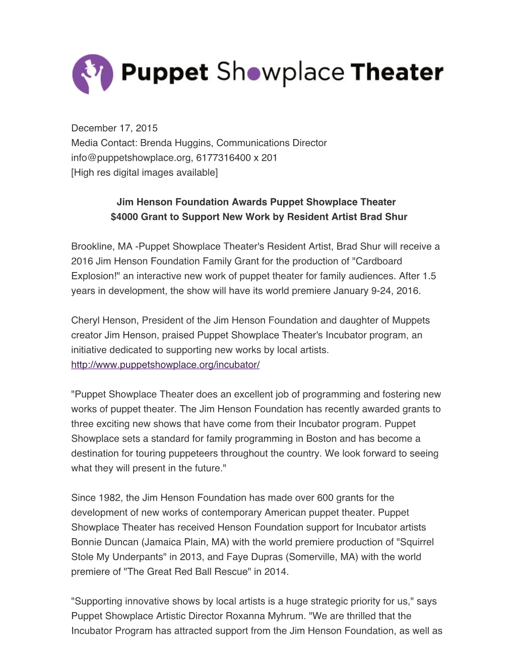Jim Henson Foundation Awards Grant to Boston Puppeteer