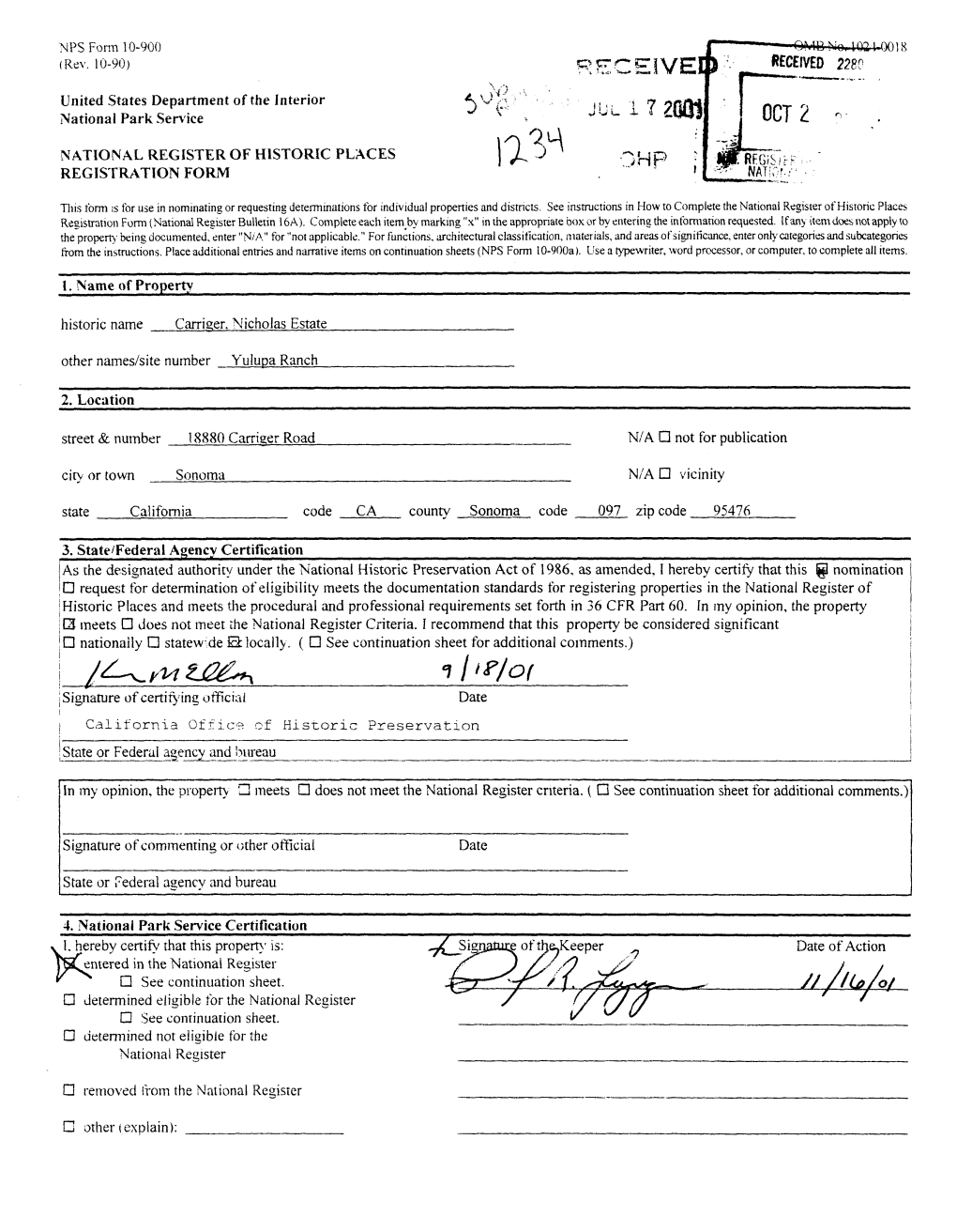 1 IP/Of I Signature of Certifying Official Date California Office of Historic Preservation State Or Federal Agency and Bureau