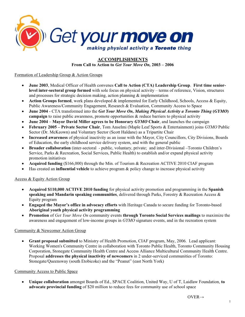 ACCOMPLISHMENTS from Call to Action to Get Your Move On, 2003 – 2006