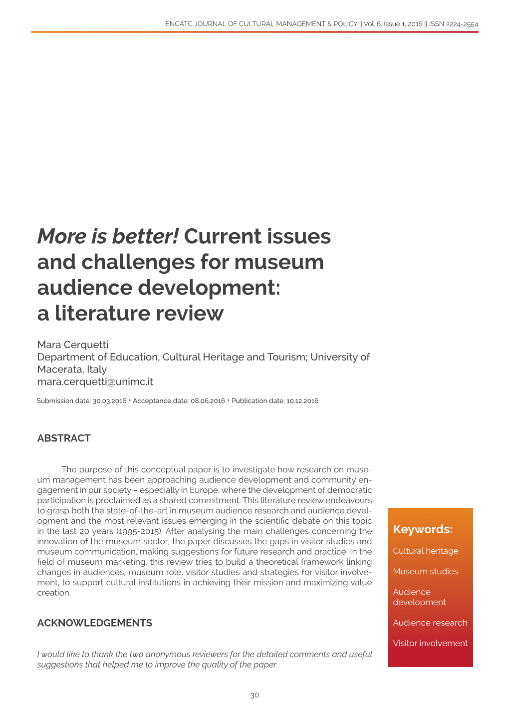 Current Issues and Challenges for Museum Audience Development: a Literature Review