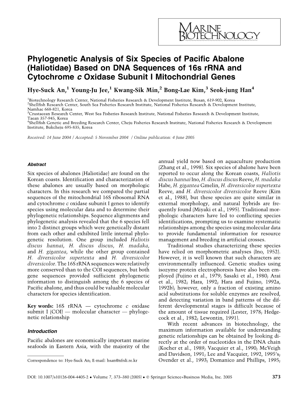Phylogenetic Analysis of Six Species of Pacific Abalone (Haliotidae