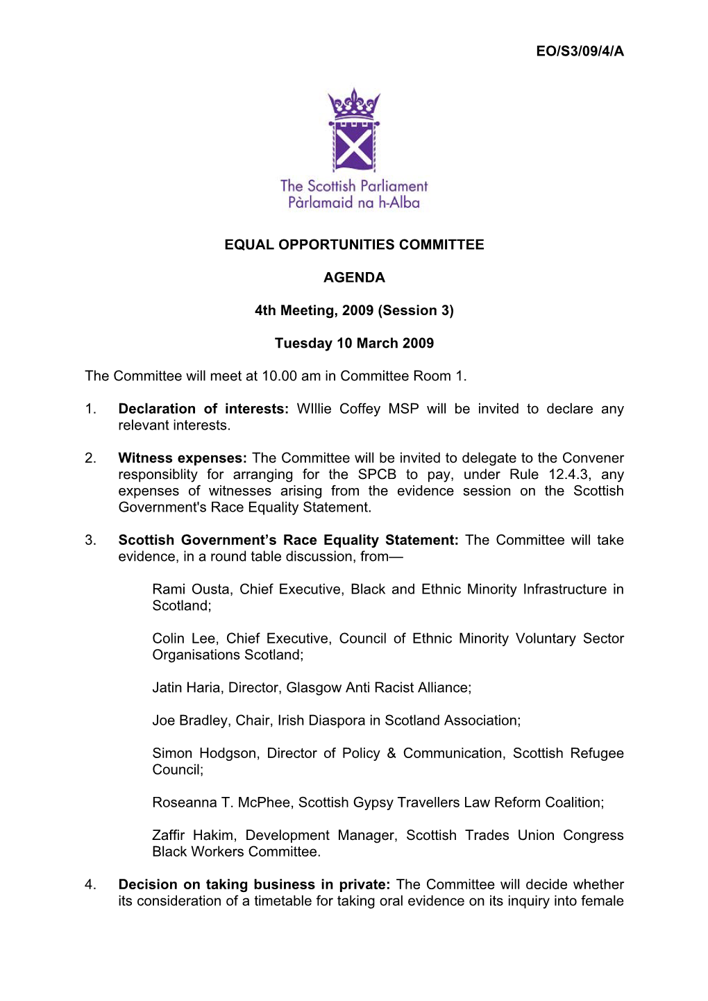 Eo/S3/09/4/A Equal Opportunities Committee