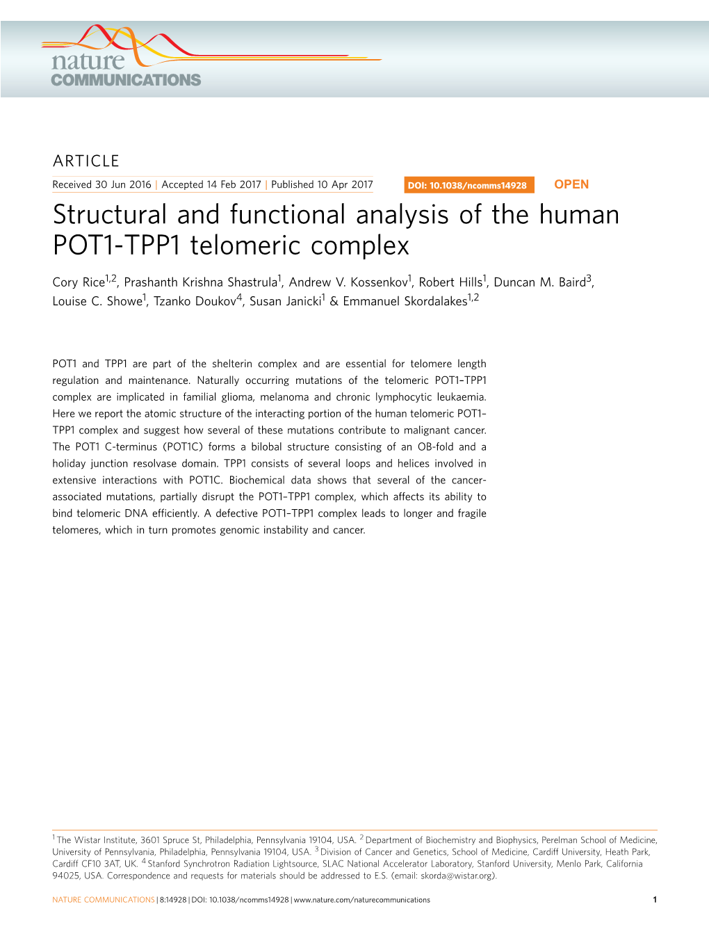 Structural and Functional Analysis of the Human POT1-TPP1 Telomeric Complex