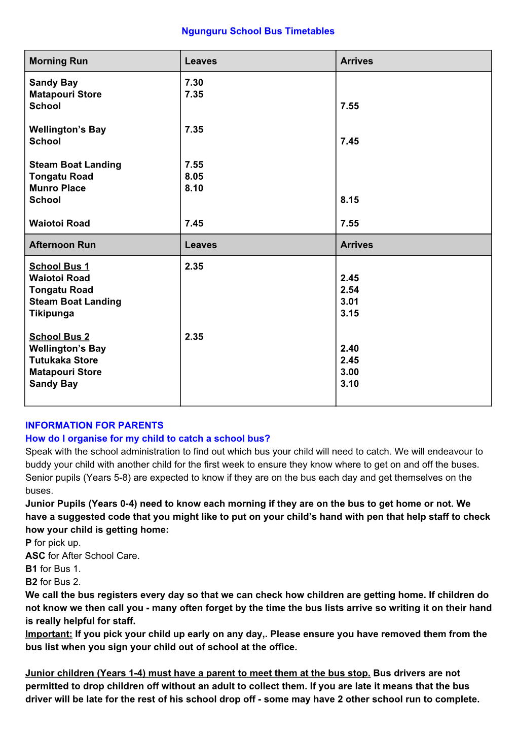 Ngunguru School Bus Timetables Morning Run Leaves Arrives Sandy