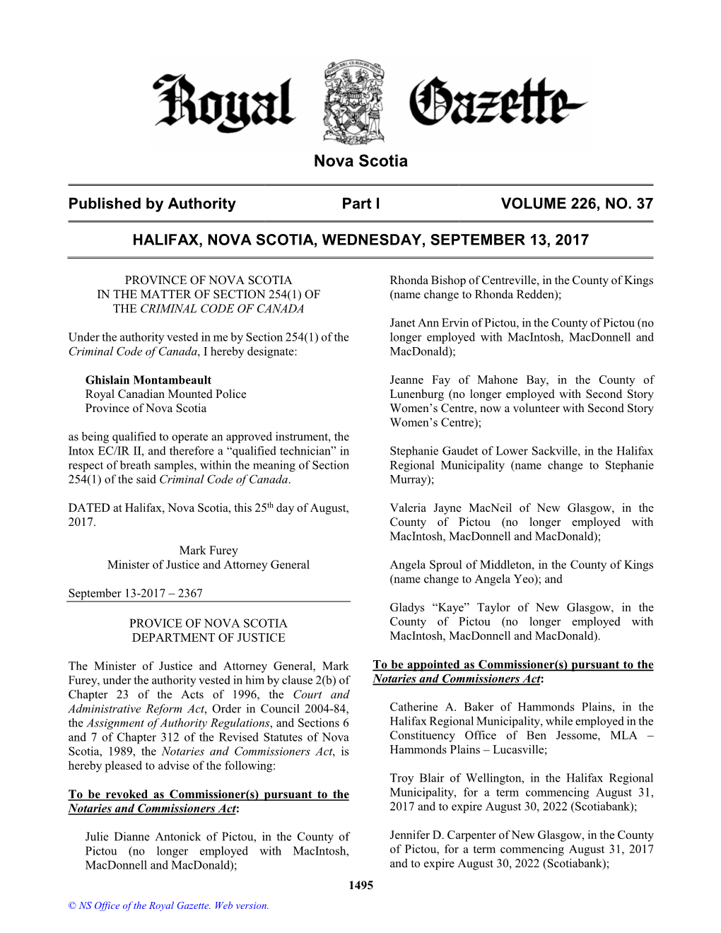 NS Royal Gazette Part I