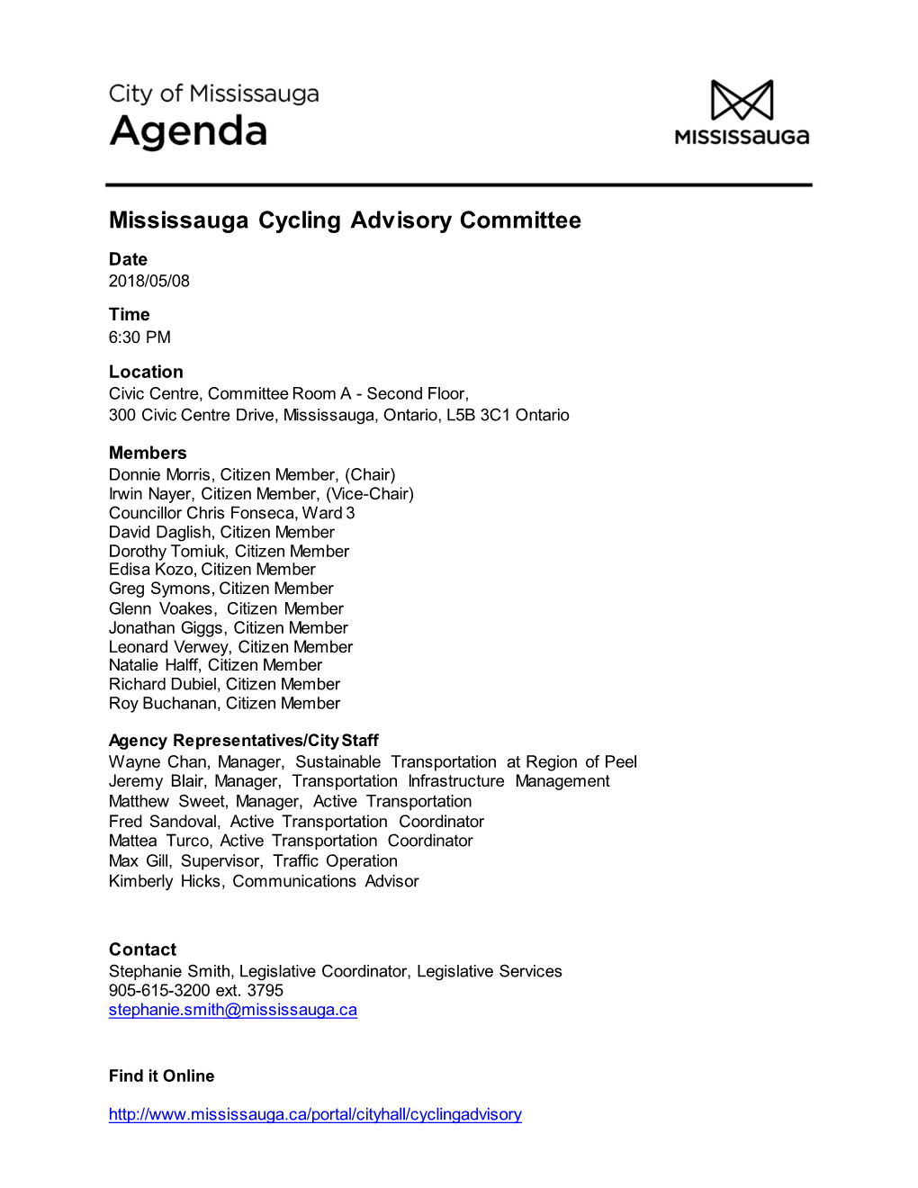 Mississauga Cycling Advisory Committee Agenda – May 8, 2018