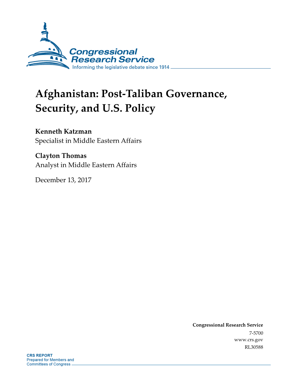 Afghanistan: Post-Taliban Governance, Security, and U.S. Policy