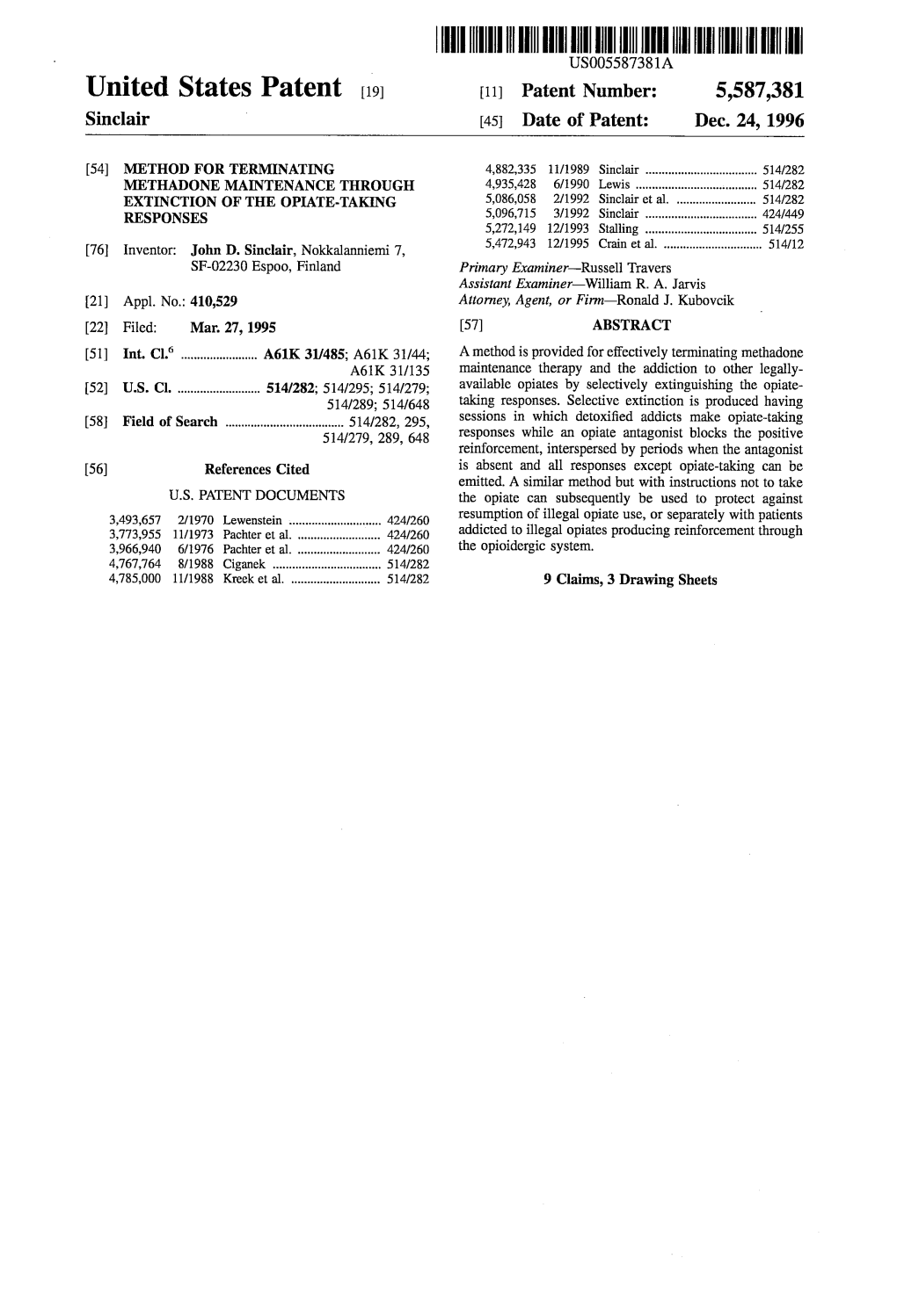 IIHIIII USOO5587381A United States Patent (19) 11) Patent Number: 5,587,381 Sinclair 45 Date of Patent: Dec