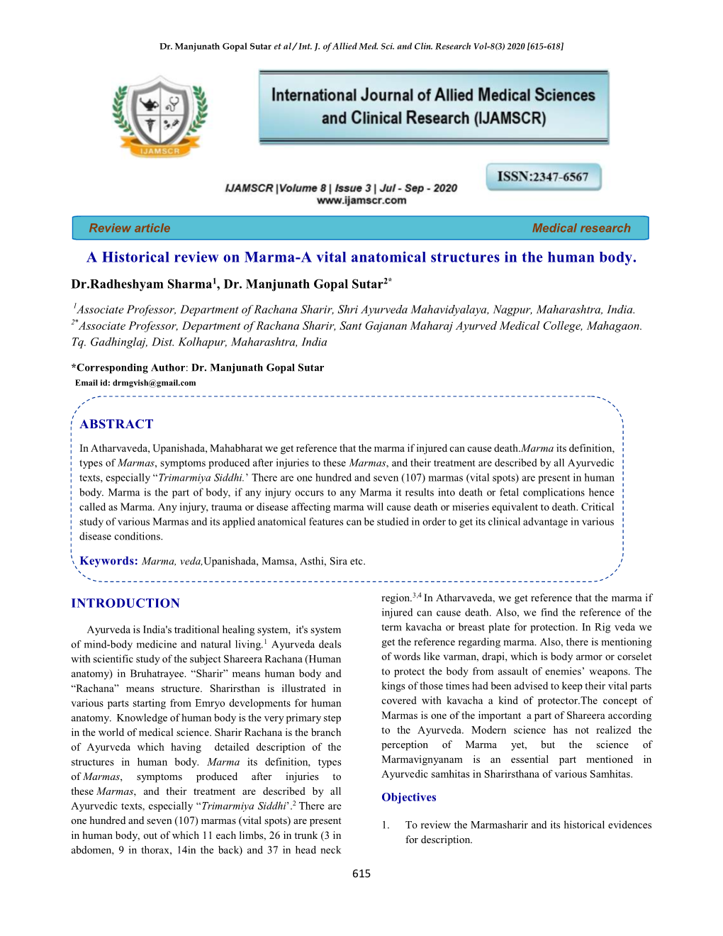 A Historical Review on Marma-A Vital Anatomical Structures in the Human Body