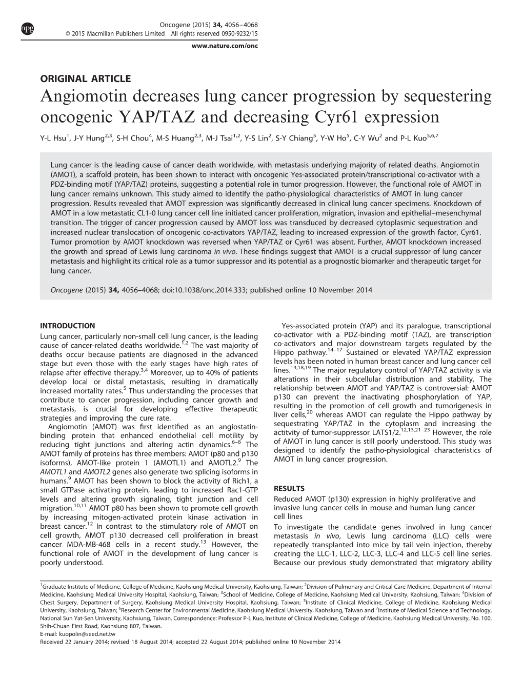 Angiomotin Decreases Lung Cancer Progression by Sequestering Oncogenic YAP/TAZ and Decreasing Cyr61 Expression