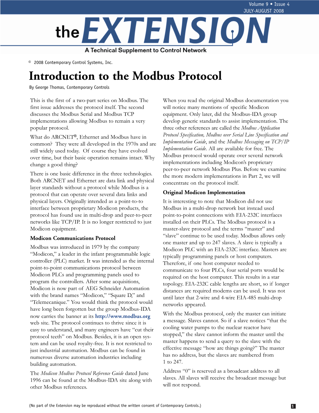 Introduction to the Modbus Protocol by George Thomas, Contemporary Controls